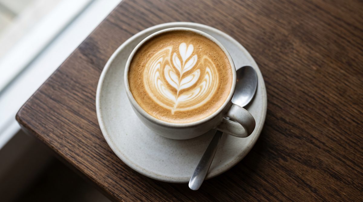 Latte di atas lepek dengan sendok sejajar gagang