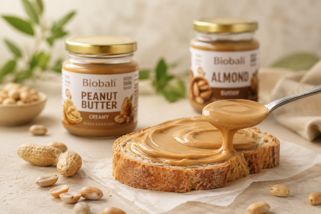 Biobali almond butter jars served with toasted bread