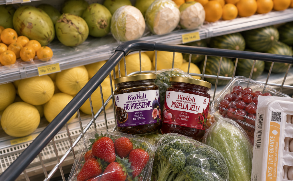 Biobali organic products arranged with fresh vegetables and herbs